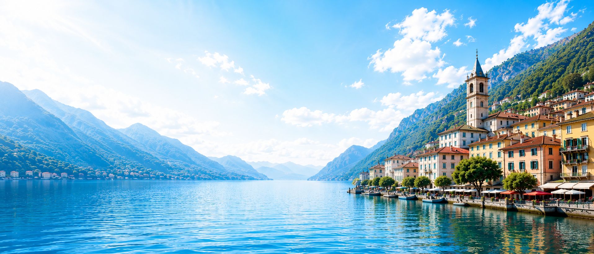 Veduta panoramica del Lago di Como, delle montagne e del lungolago